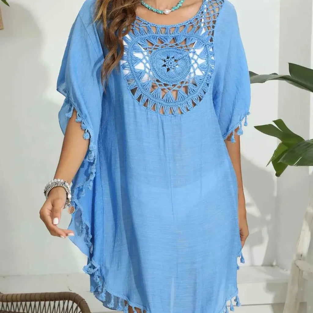 Tassel Crochet Round Neck Beach Cover-Up