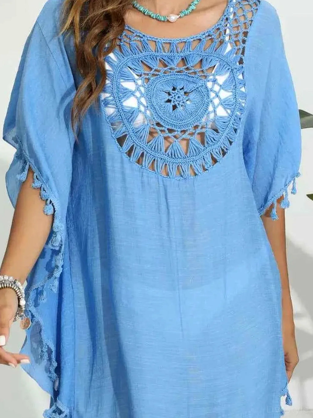 Tassel Crochet Round Neck Beach Cover-Up