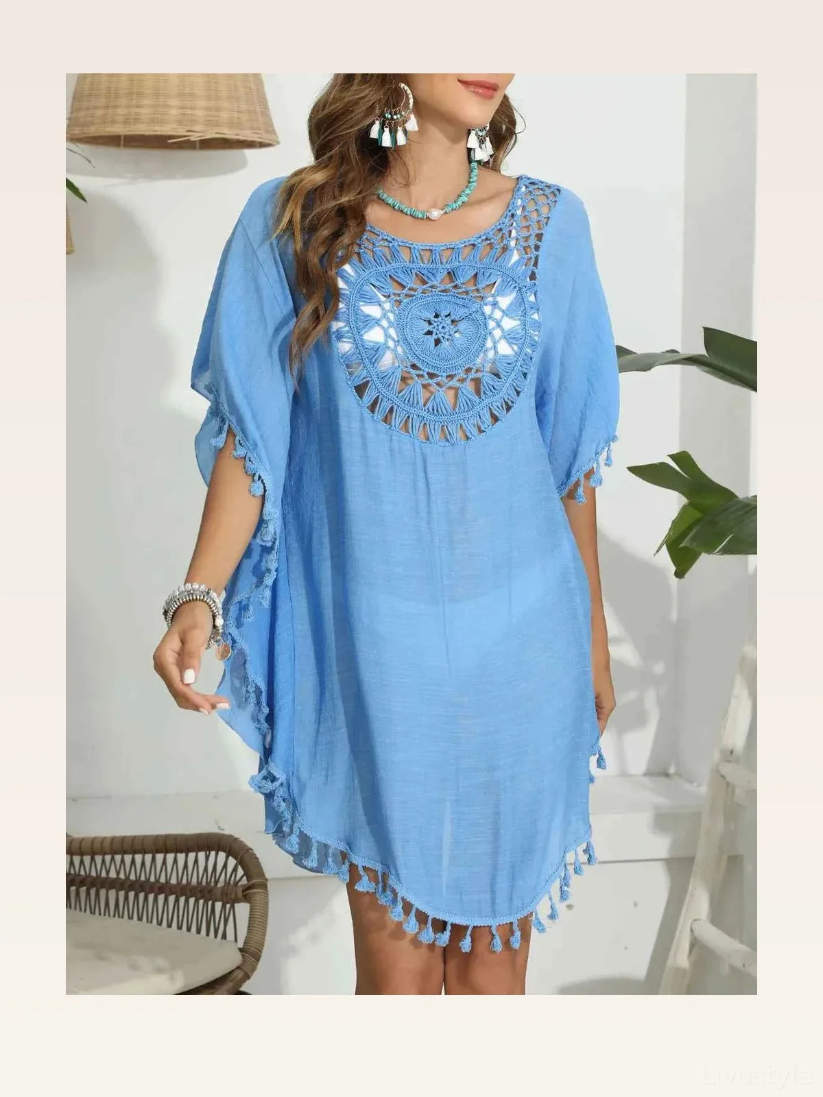 Tassel Crochet Round Neck Beach Cover-Up