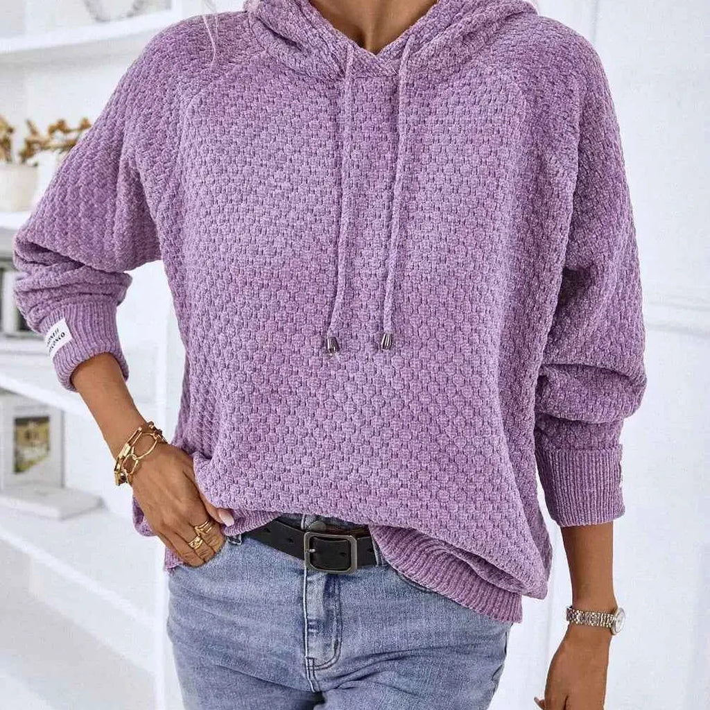 Textured Drawstring Long Sleeve Hooded Sweater