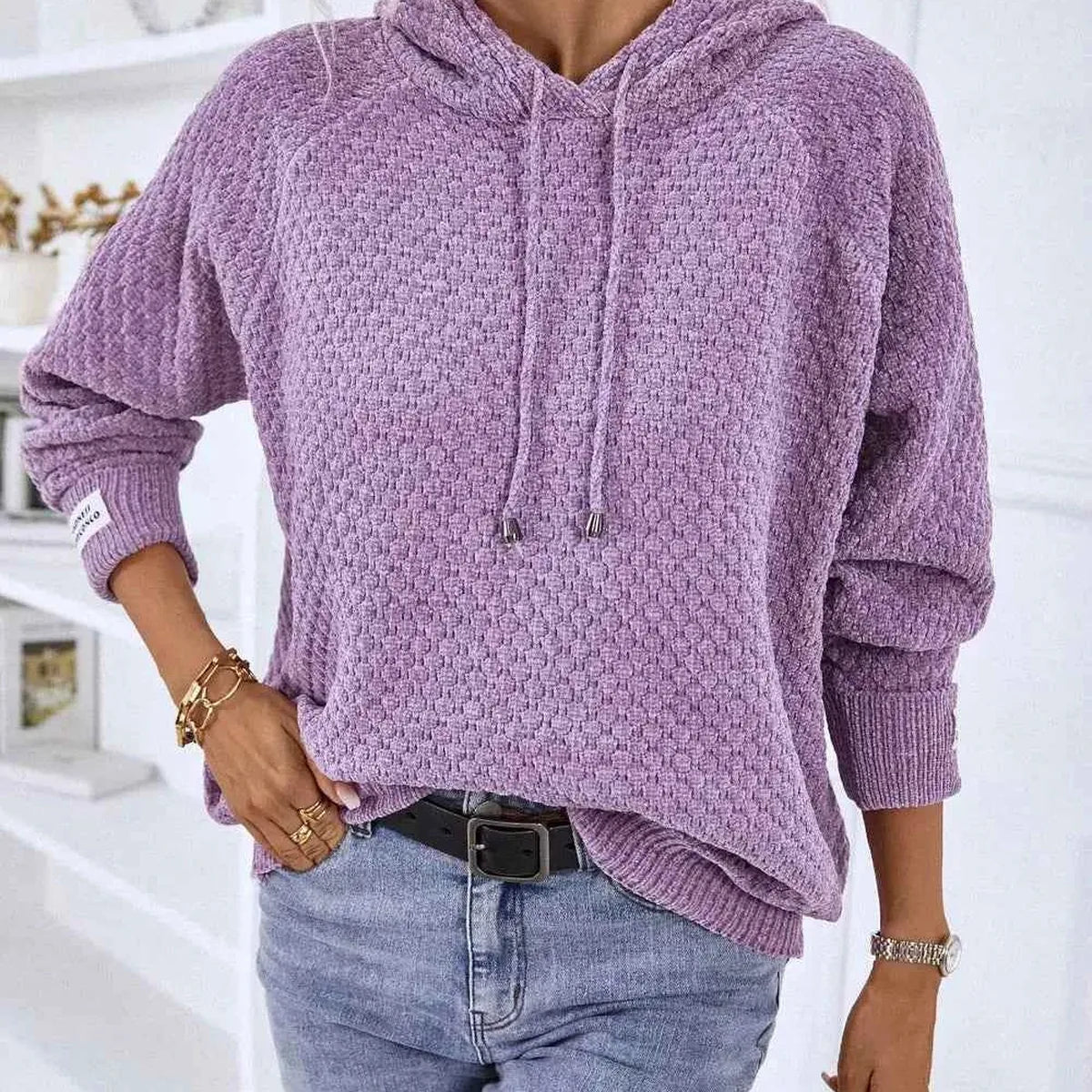 Textured Drawstring Long Sleeve Hooded Sweater