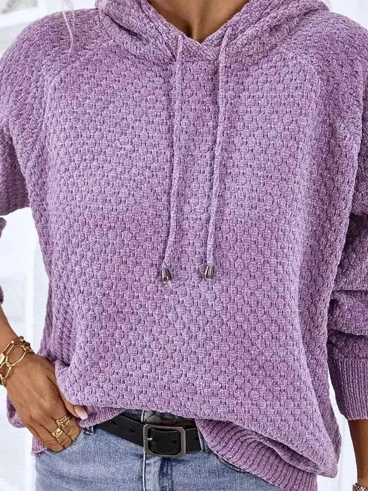 Textured Drawstring Long Sleeve Hooded Sweater