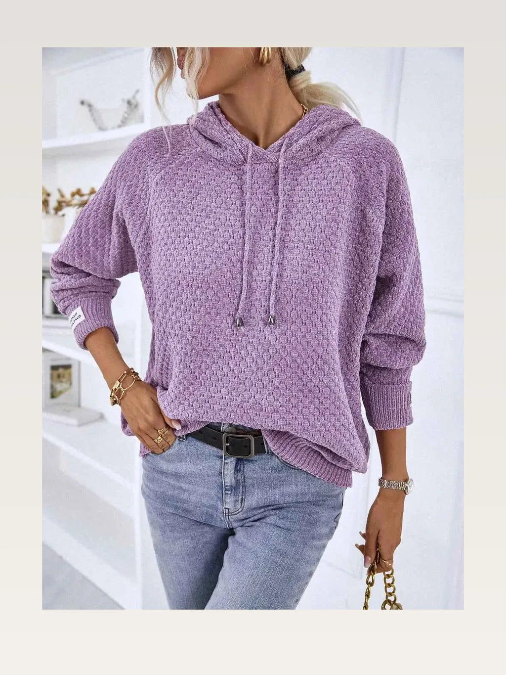 Textured Drawstring Long Sleeve Hooded Sweater