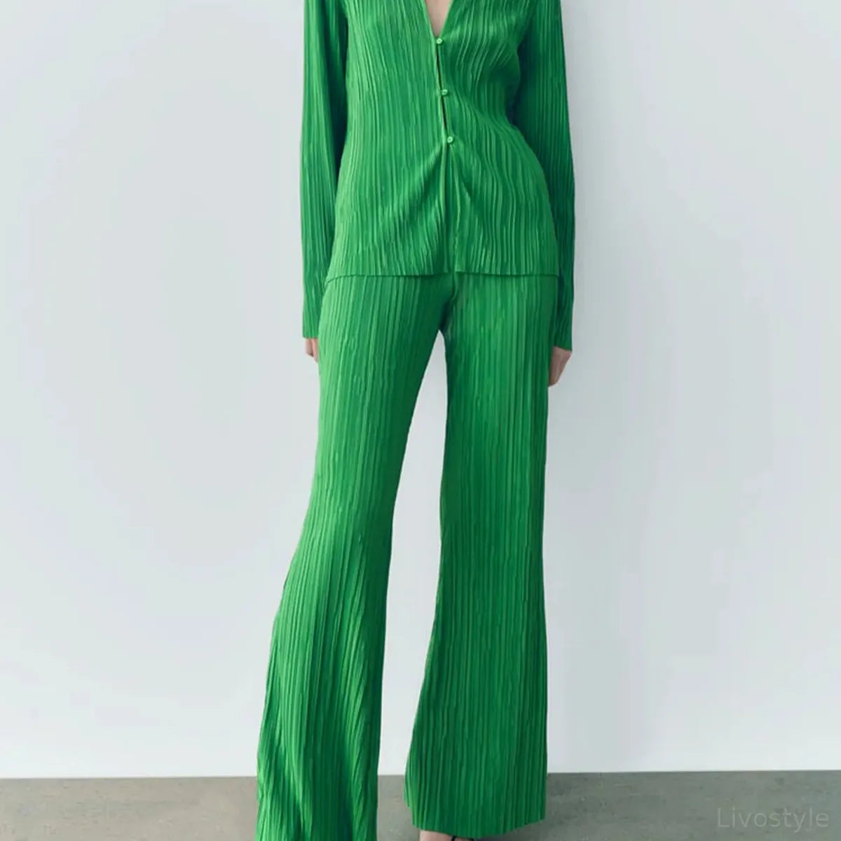 Textured Collared Long Sleeve Top and Pleated Pants Lounge Set