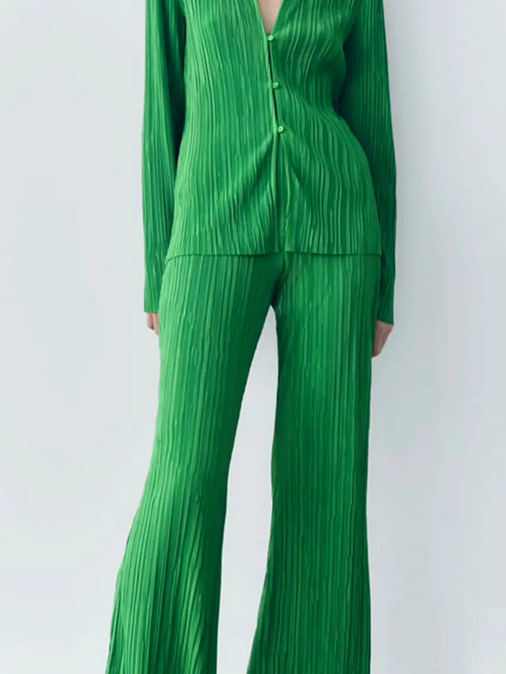 Textured Collared Long Sleeve Top and Pleated Pants Lounge Set
