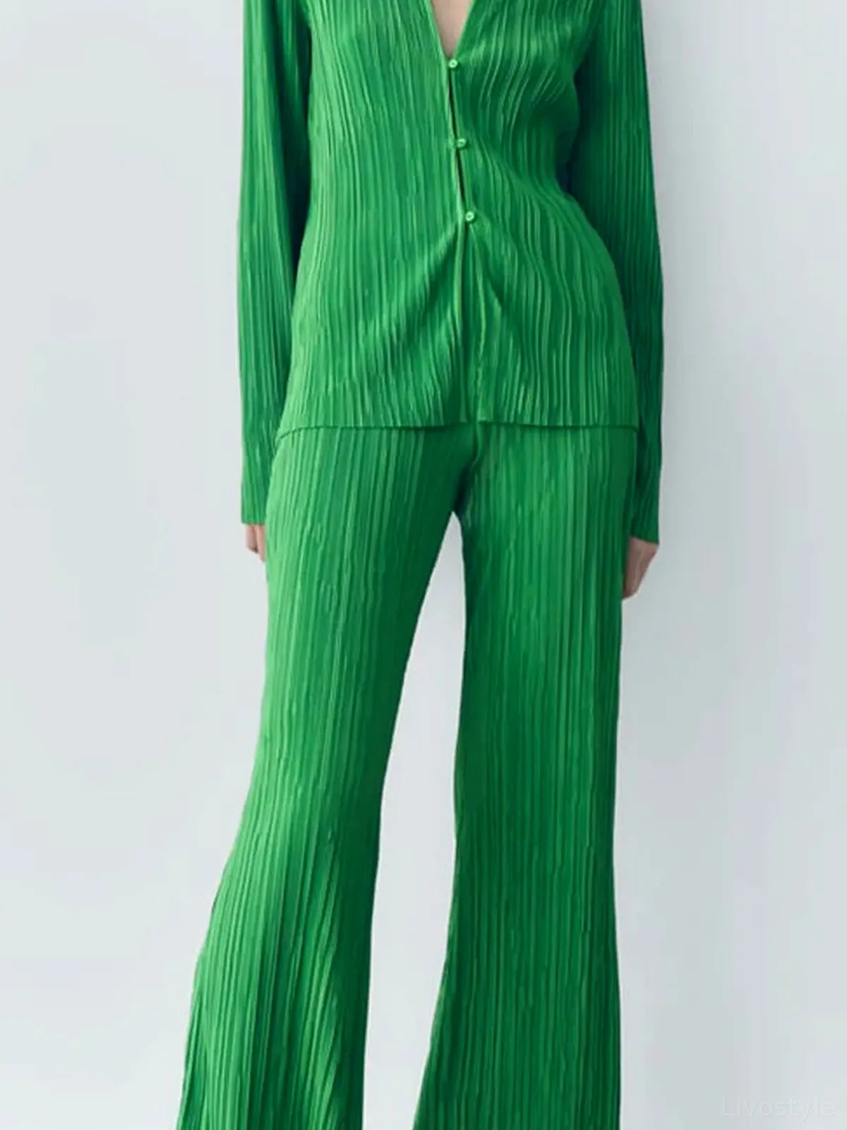 Textured Collared Long Sleeve Top and Pleated Pants Lounge Set