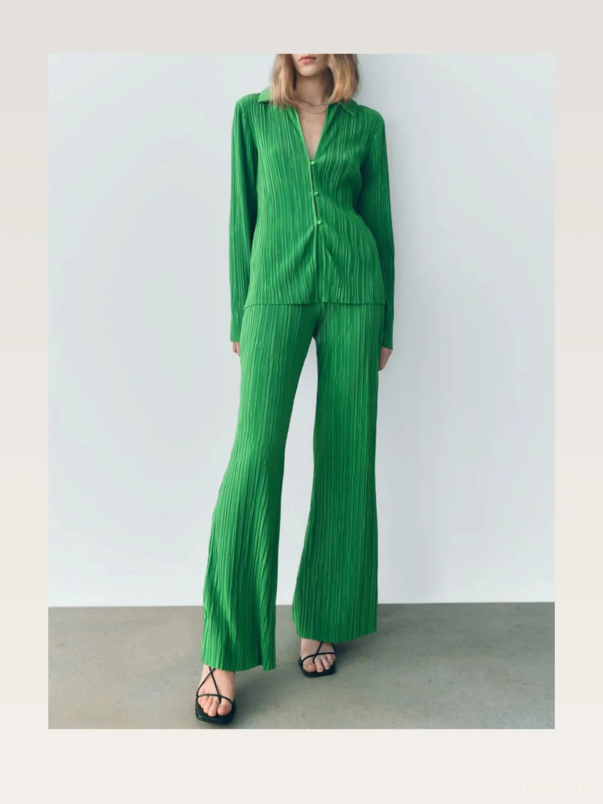 Textured Collared Long Sleeve Top and Pleated Pants Lounge Set