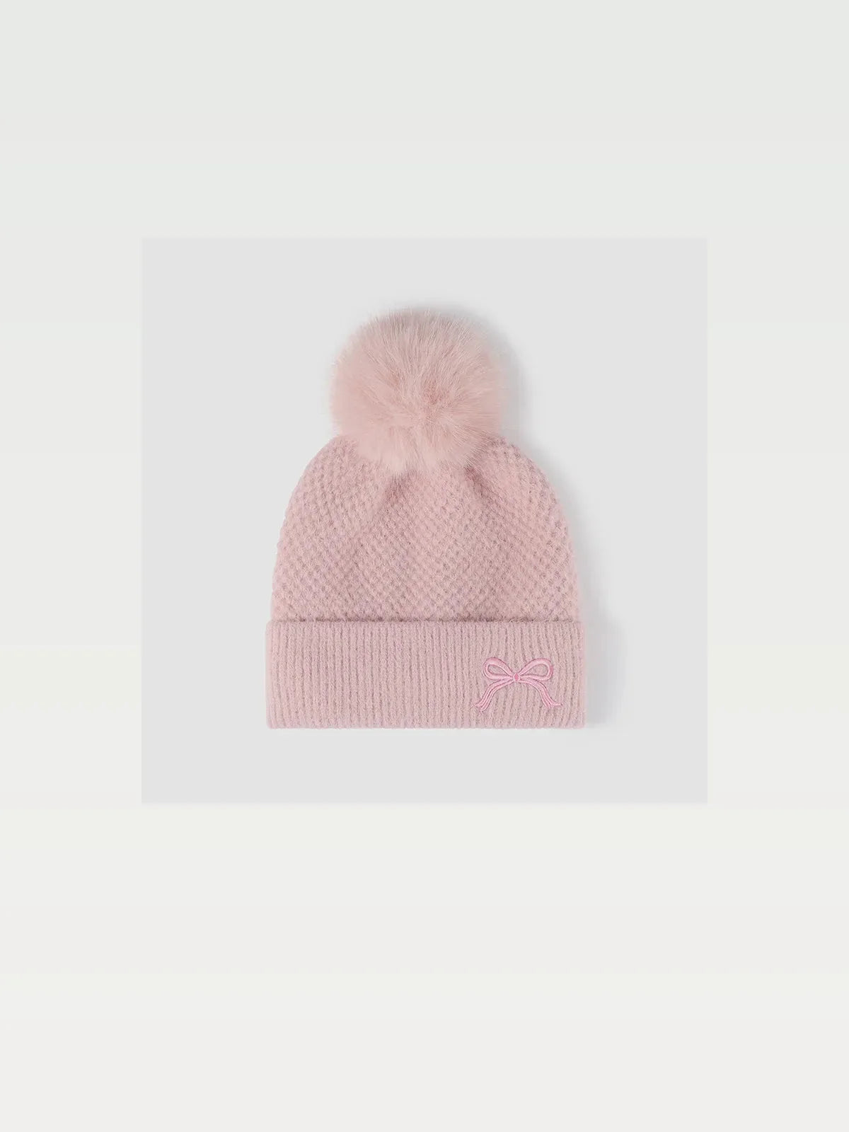 Thermal Bow Knit Hat with Pompom