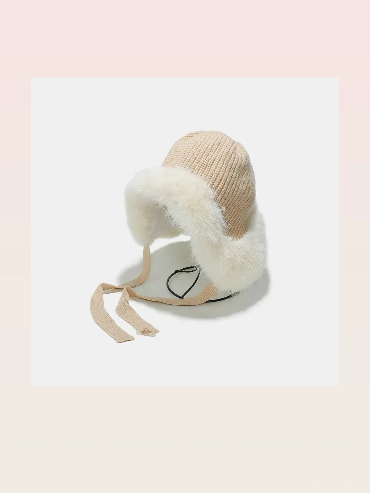 Thermal Ribbed Knit Ear Flap Hat with Fuzzy Ties
