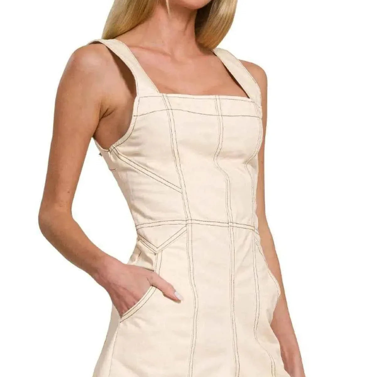 Square Neck Tie Back Romper with Contrast Stitching