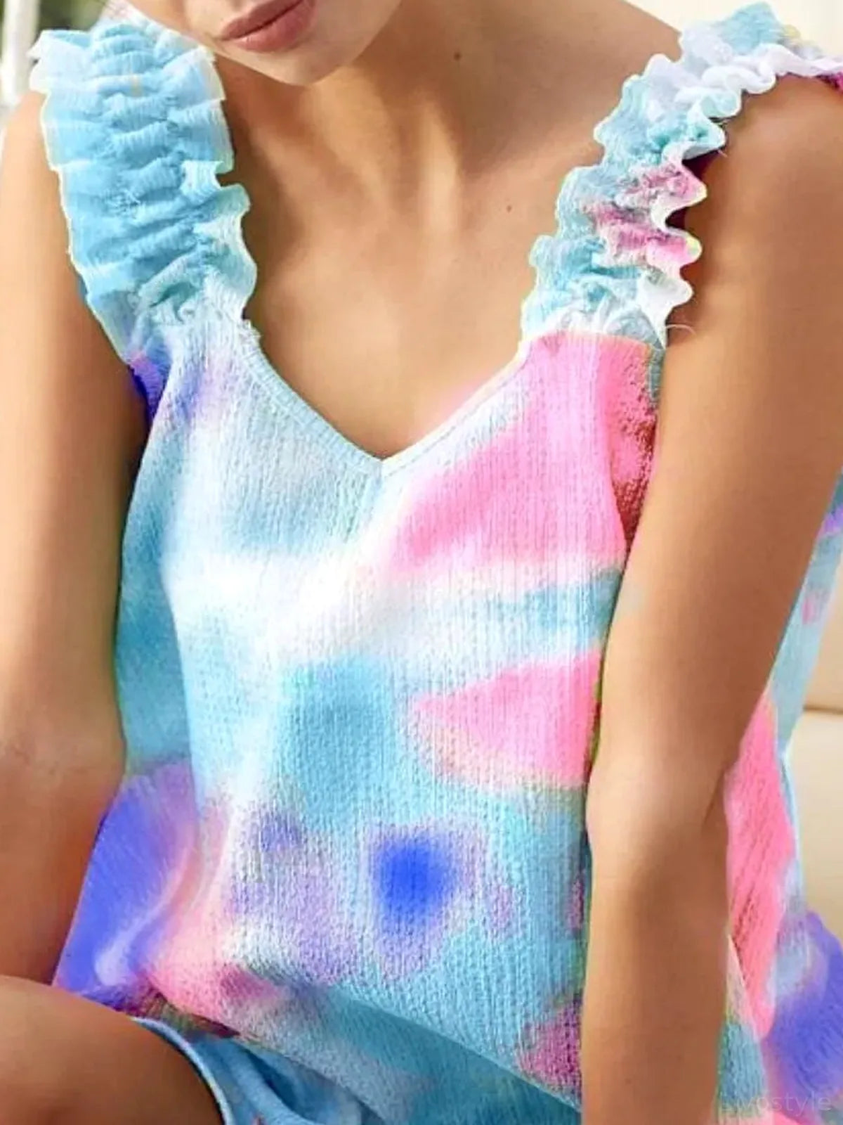 Bohemian Tie Dye Textured Ruffle Strap Top
