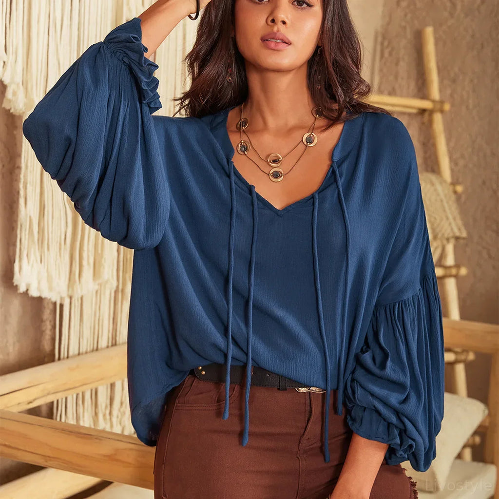 Tie Neck Long Sleeve Blouse in Viscose