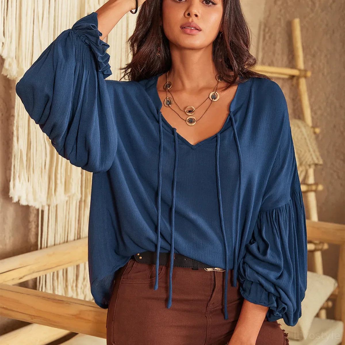 Tie Neck Long Sleeve Blouse in Viscose