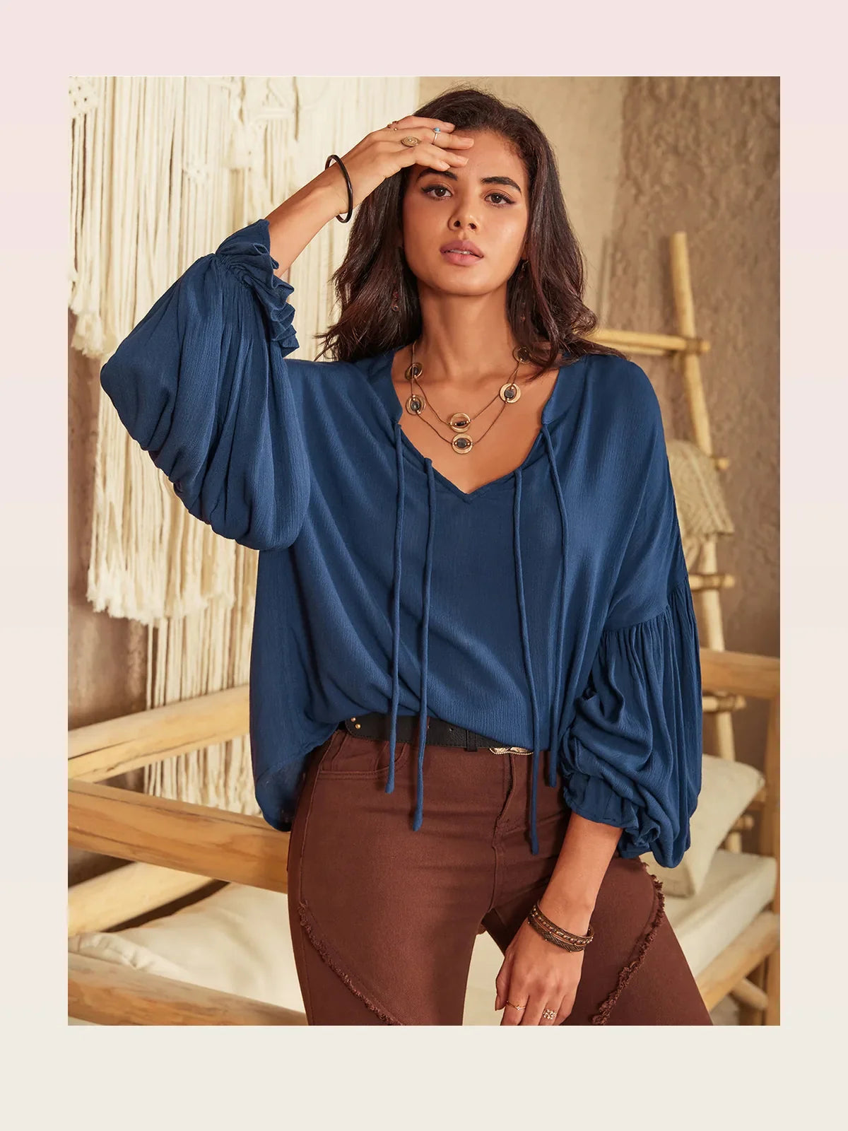 Tie Neck Long Sleeve Blouse in Viscose