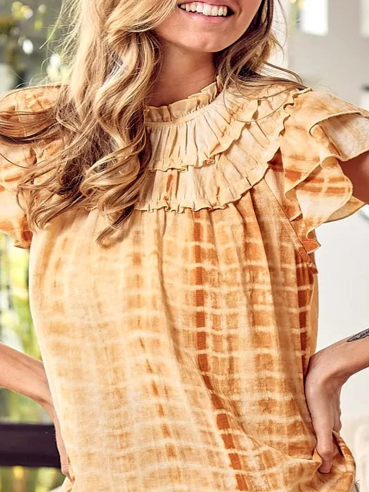 Tiered Ruffle Neck Short Sleeve Top in Tie-Dye Print
