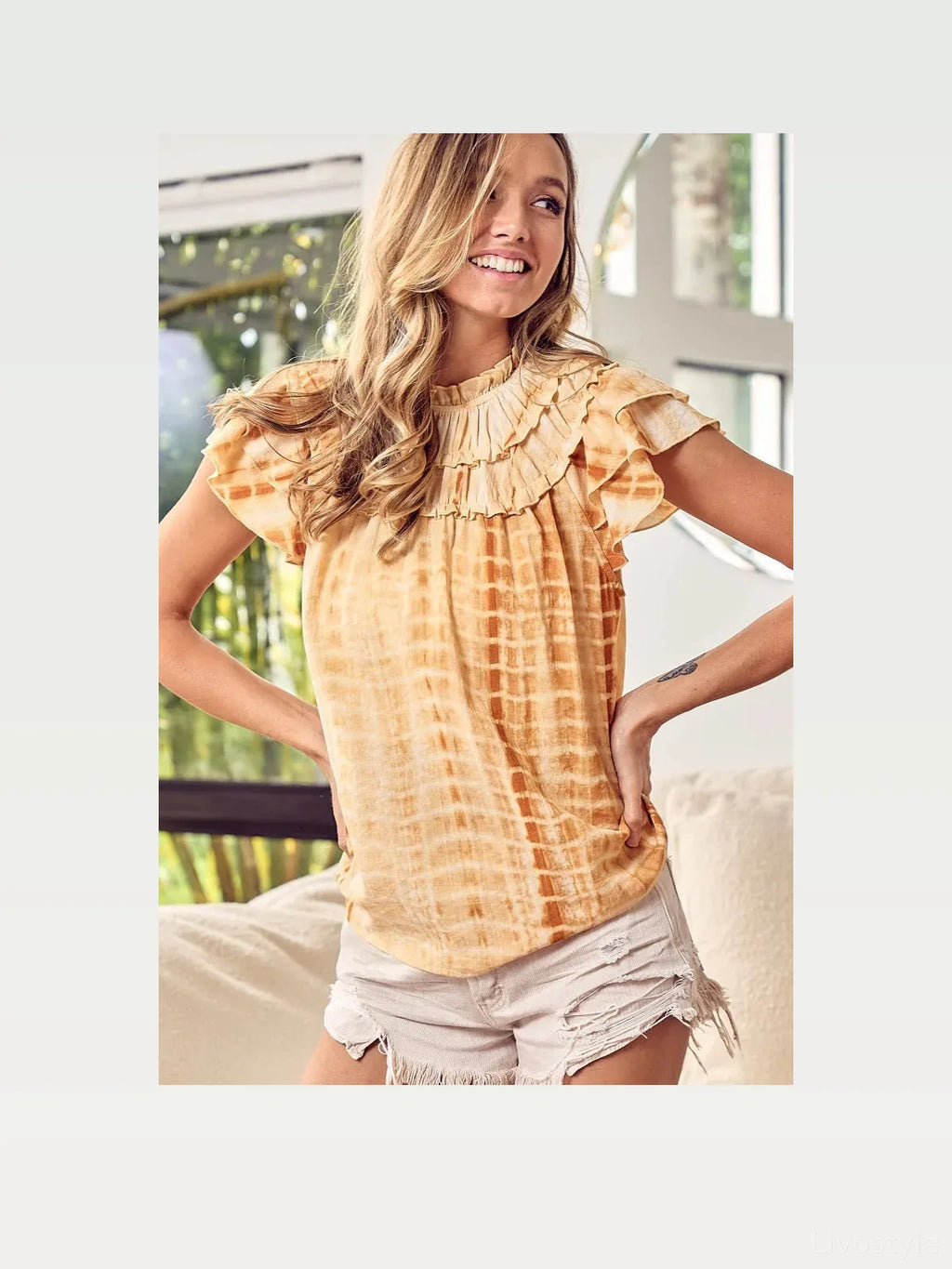 Tiered Ruffle Neck Short Sleeve Top in Tie-Dye Print