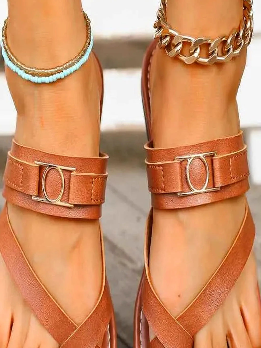 Faux Leather Thong Toe Loop Flat Sandals with Ankle Strap