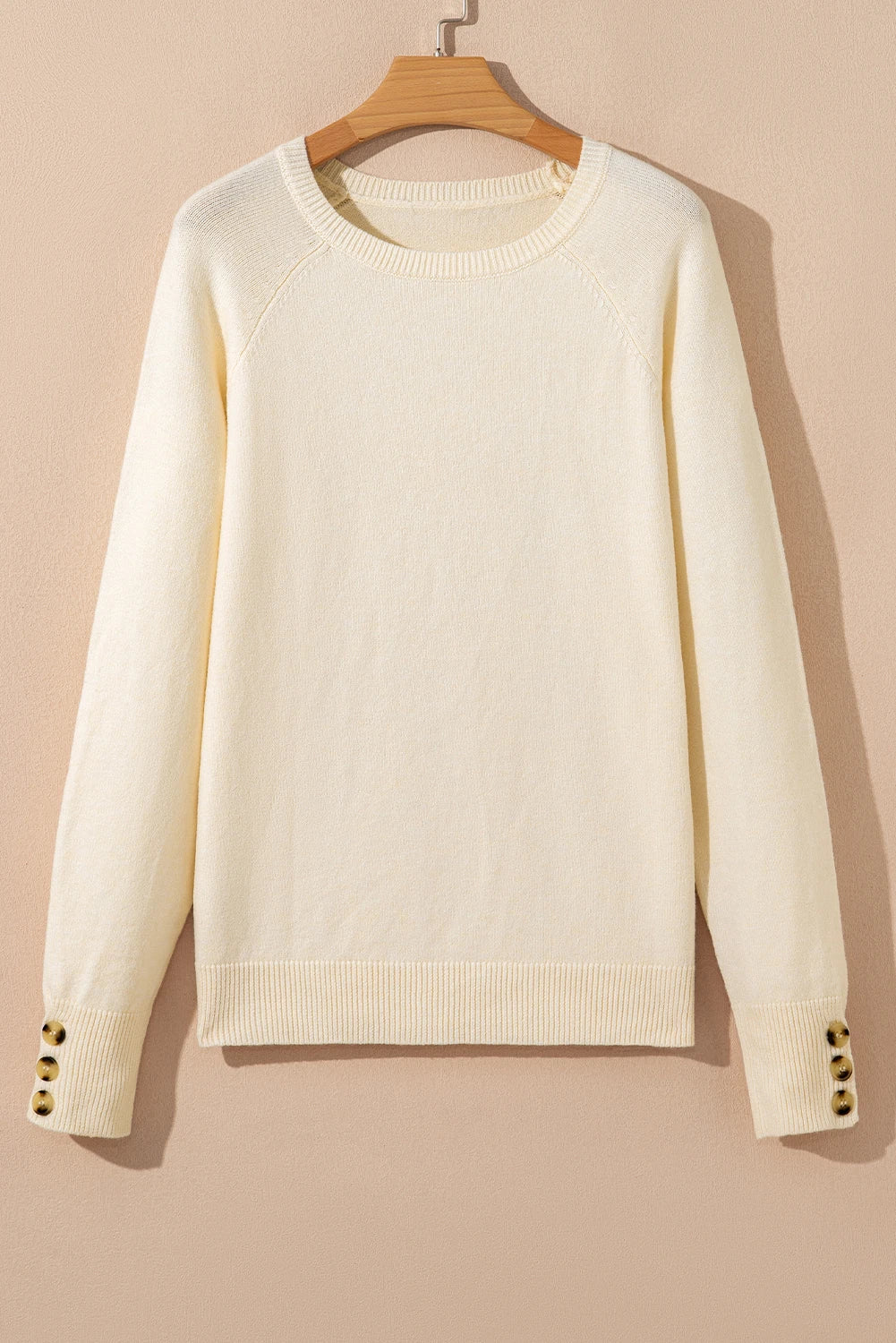 Solid Buttoned Bishop Long Sleeve Crew Neck Sweater