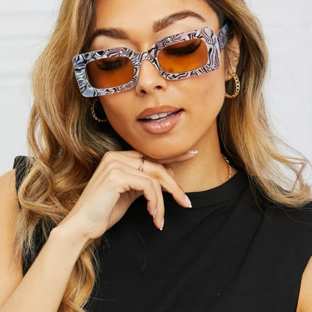 Patterned Polycarbonate Rectangle Sunglasses with Brown Lenses