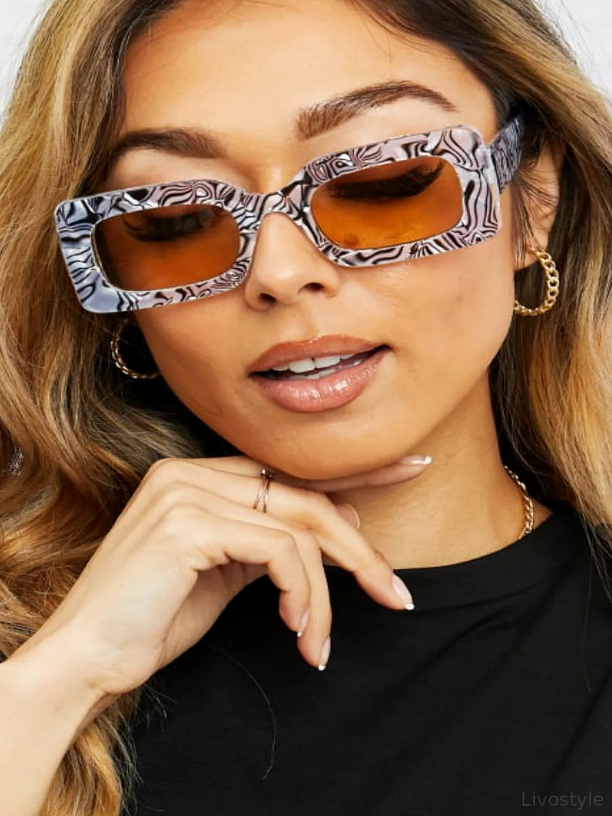 Patterned Polycarbonate Rectangle Sunglasses with Brown Lenses