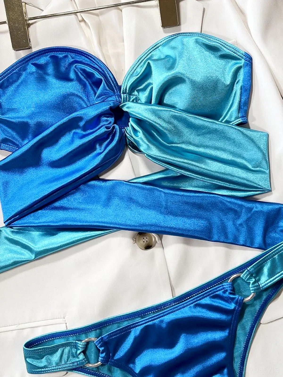 Two-Tone Ring Detail Tied Bandeau Bikini Set