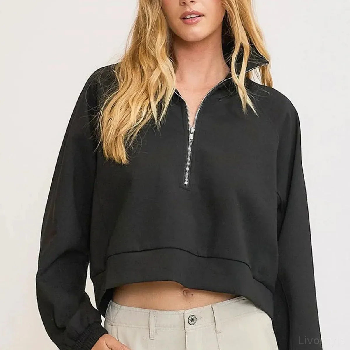 Half-Zip Cropped Sweatshirt with Zipper Collar
