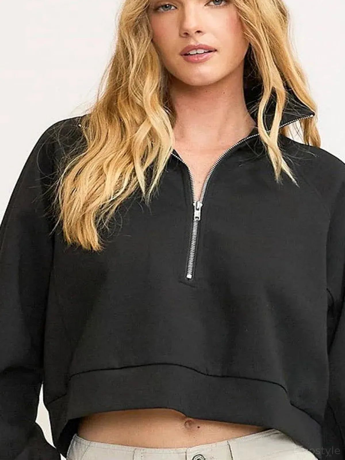 Half-Zip Cropped Sweatshirt with Zipper Collar