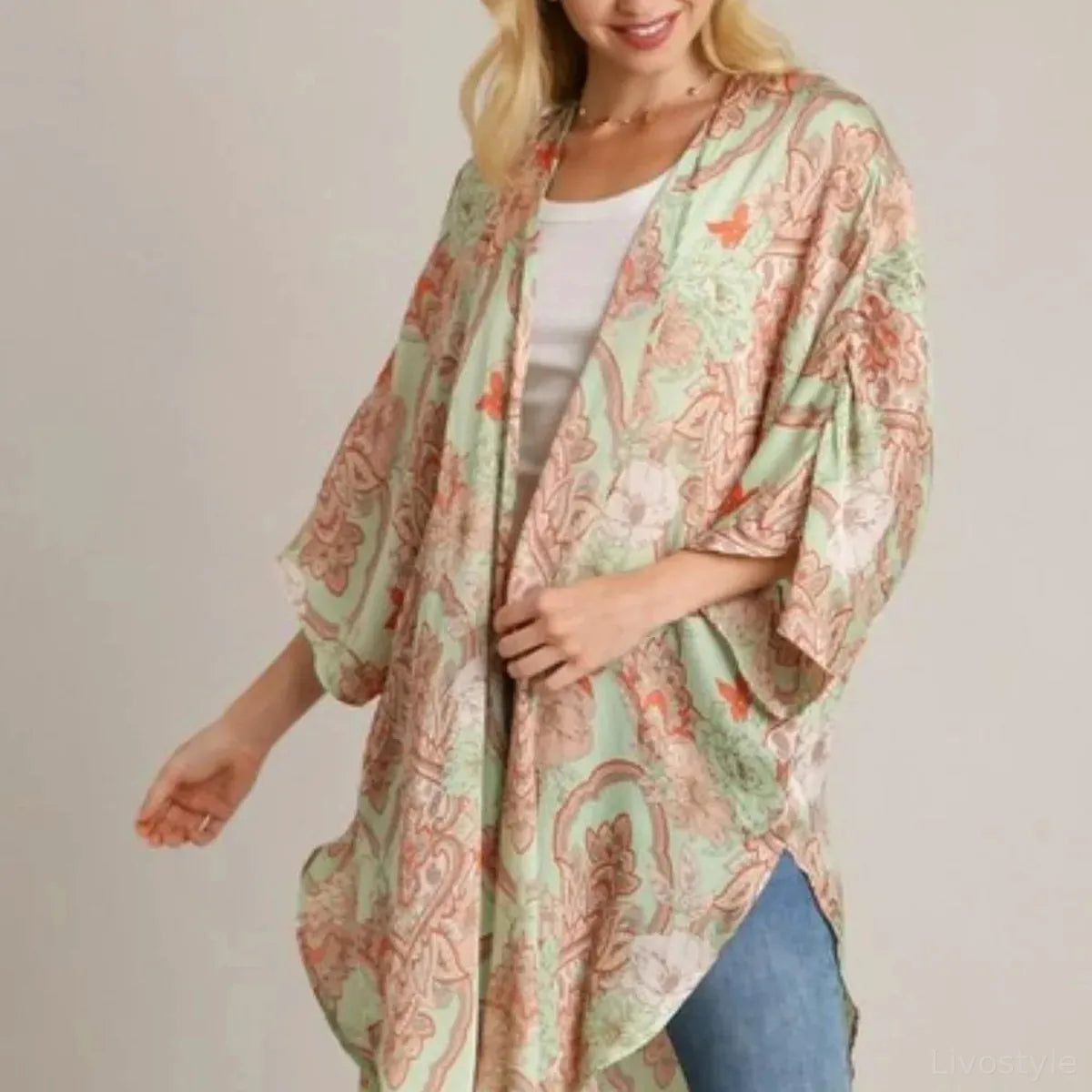 Mixed Print Open Front Kimono with Ruffle Sleeves