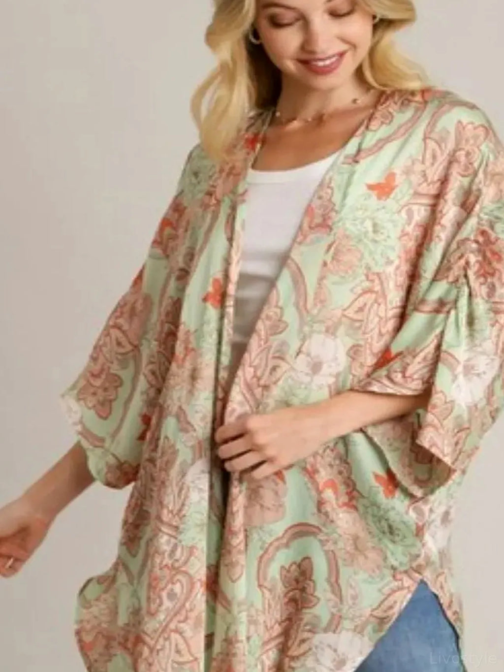 Mixed Print Open Front Kimono with Ruffle Sleeves