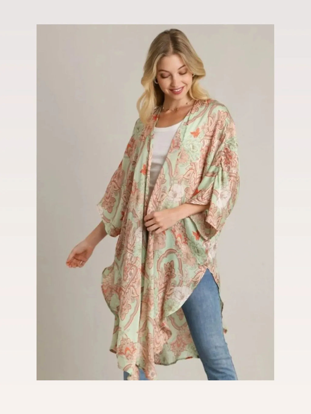 Mixed Print Open Front Kimono with Ruffle Sleeves