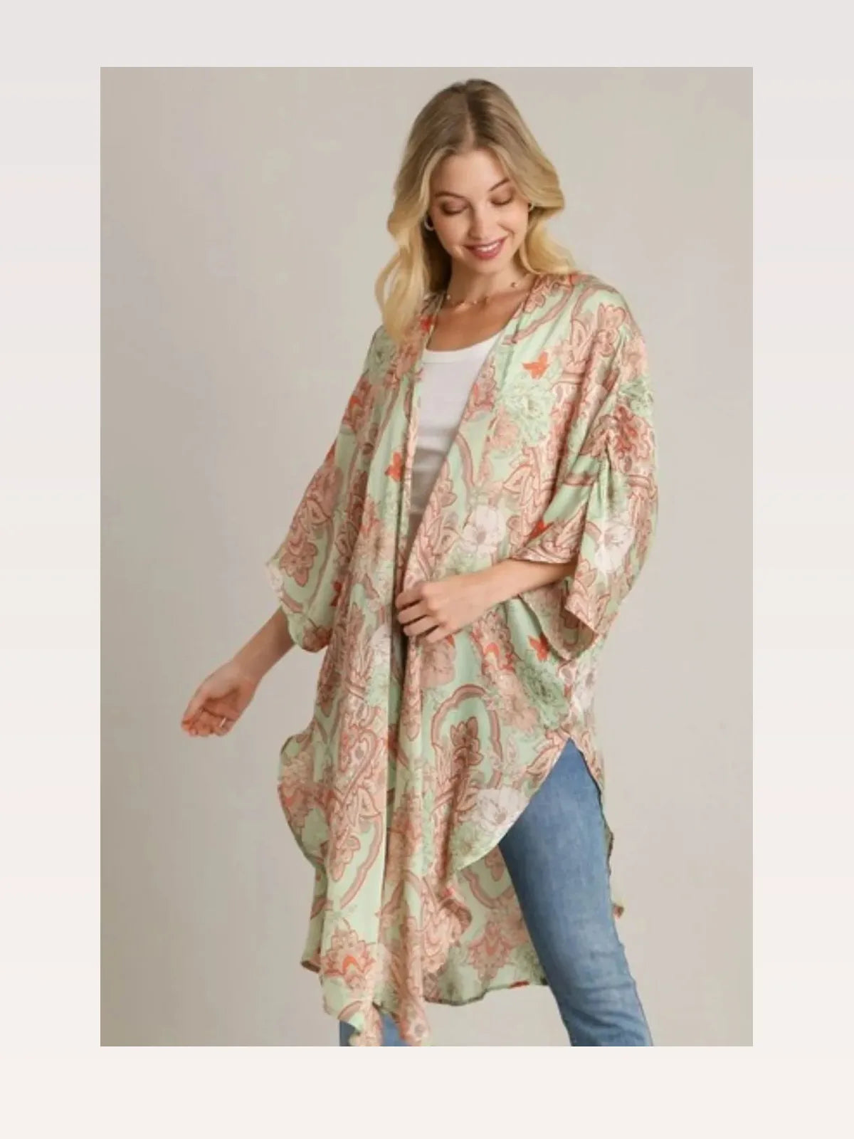 Mixed Print Open Front Kimono with Ruffle Sleeves