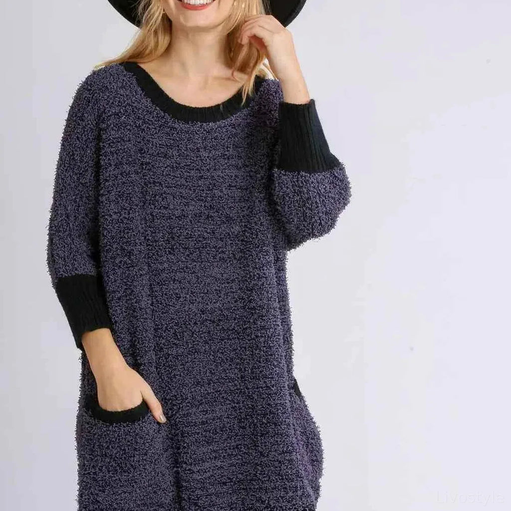 Ribbed Hem Scoop Neck 3/4 Sleeve Sweater Dress with Pockets