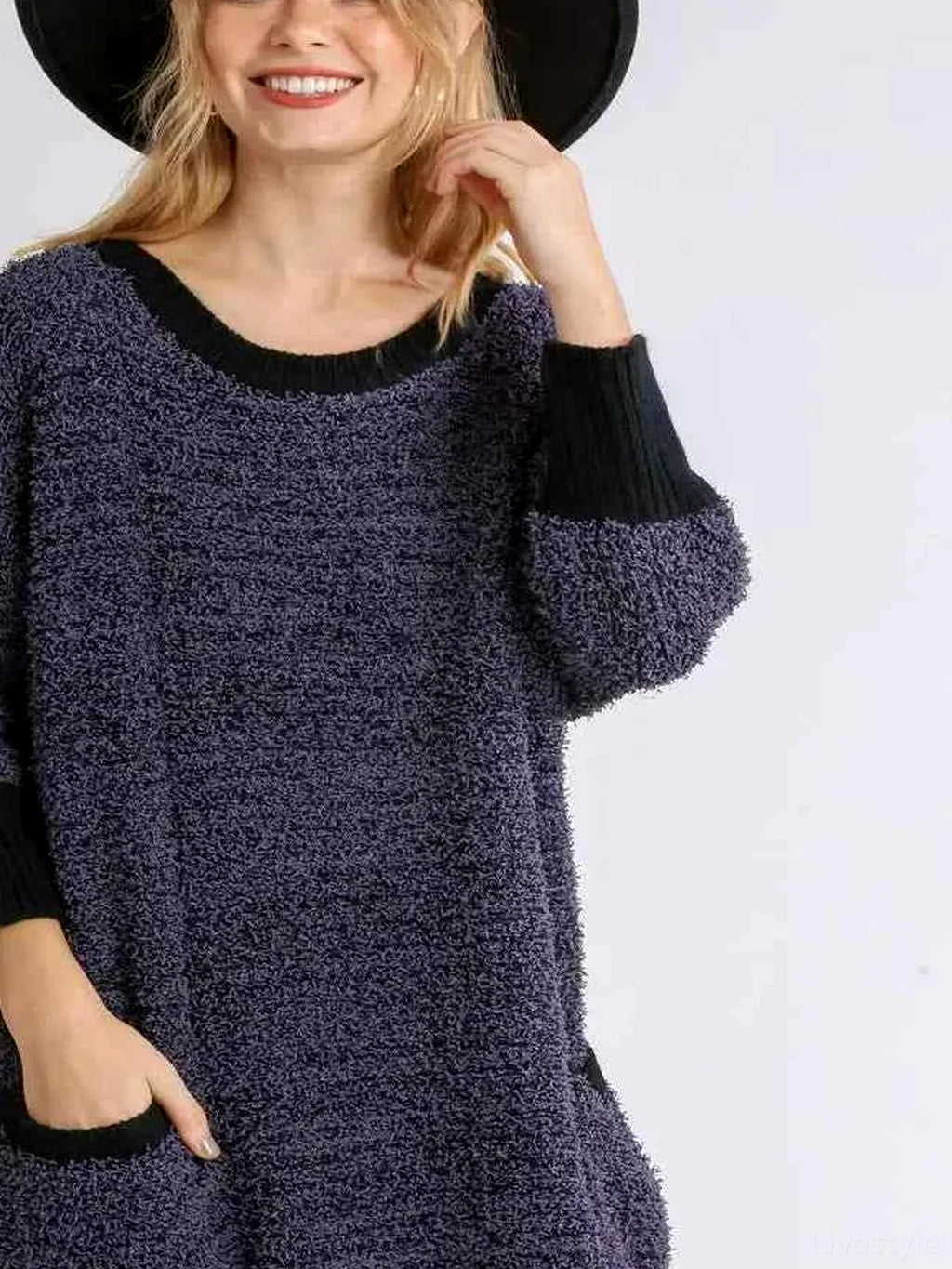 Ribbed Hem Scoop Neck 3/4 Sleeve Sweater Dress with Pockets