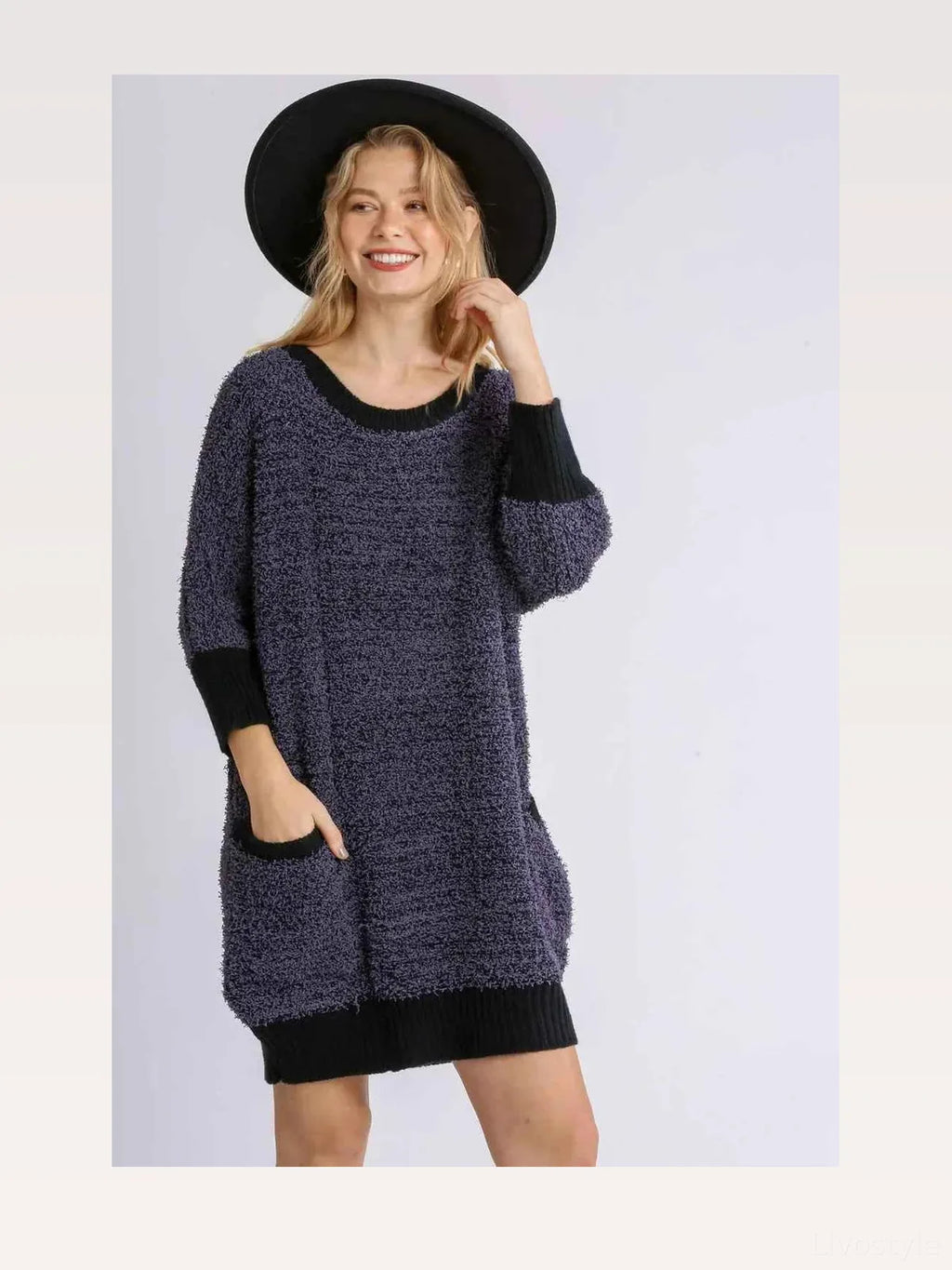 Ribbed Hem Scoop Neck 3/4 Sleeve Sweater Dress with Pockets