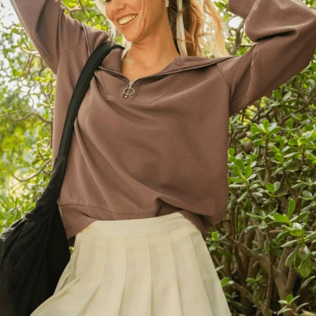 Ribbed Knit Half-Zip Sweatshirt with Long Sleeves