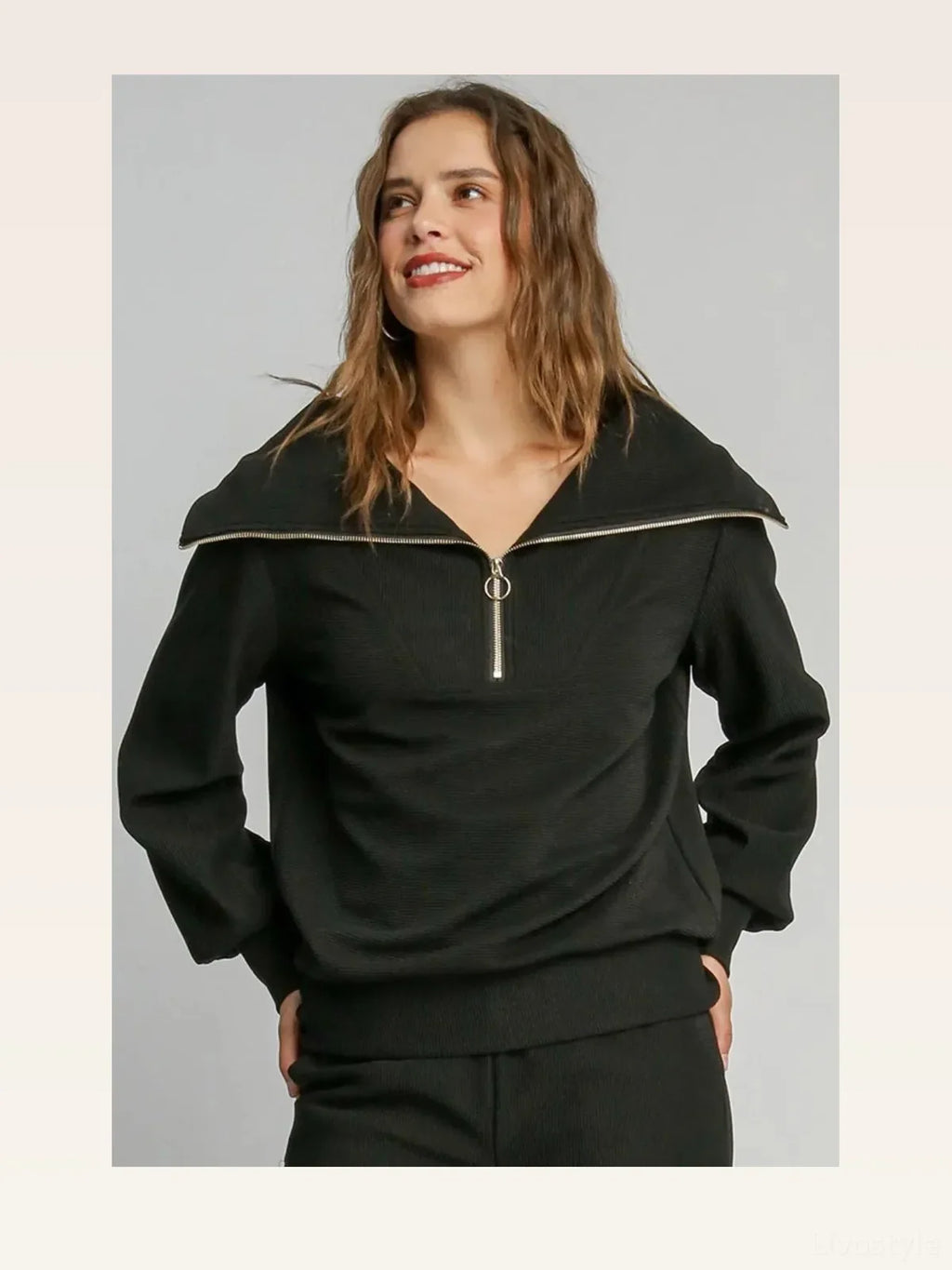 Ribbed Knit Half-Zip Pullover Sweatshirt with Collared Neckline