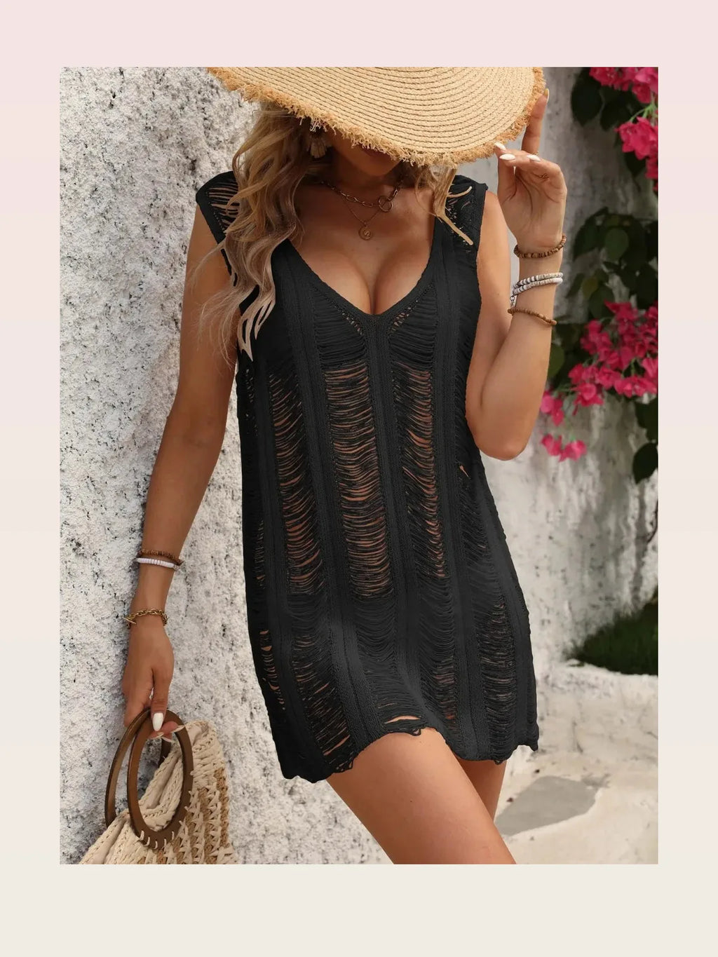 V-Neck Sleeveless Distressed Crochet-Style Cover-Up Dress