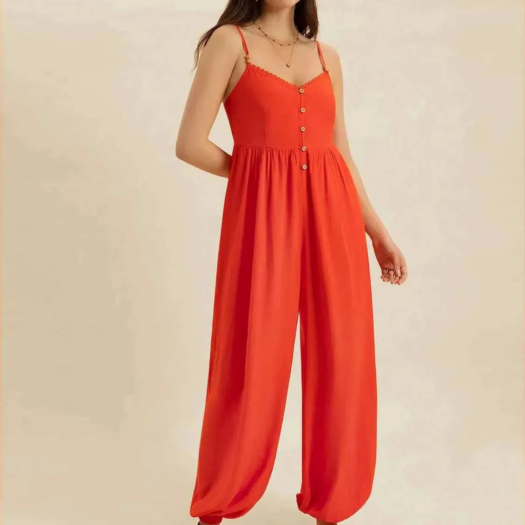 Button Front Lace Trim V-Neck Spaghetti Strap Jumpsuit