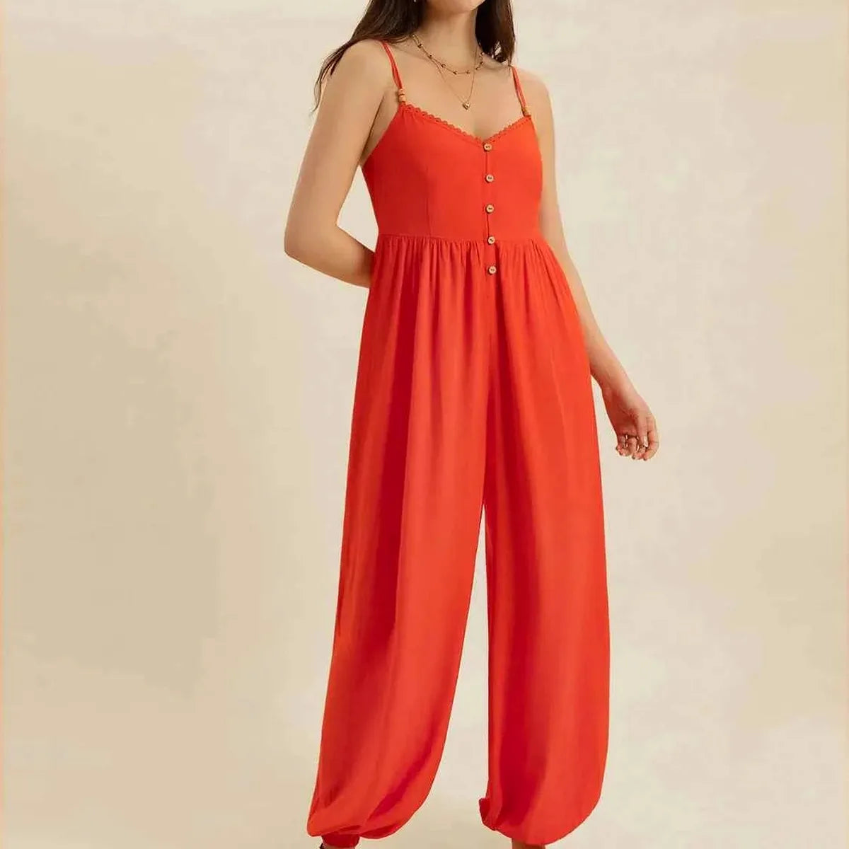 Button Front Lace Trim V-Neck Spaghetti Strap Jumpsuit