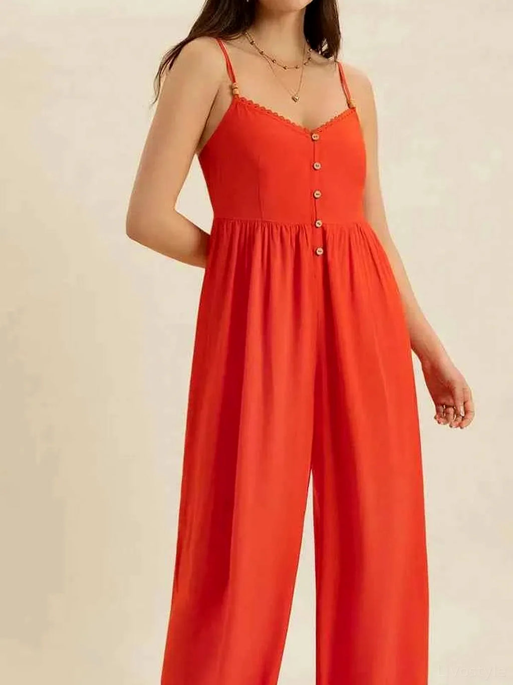 Button Front Lace Trim V-Neck Spaghetti Strap Jumpsuit