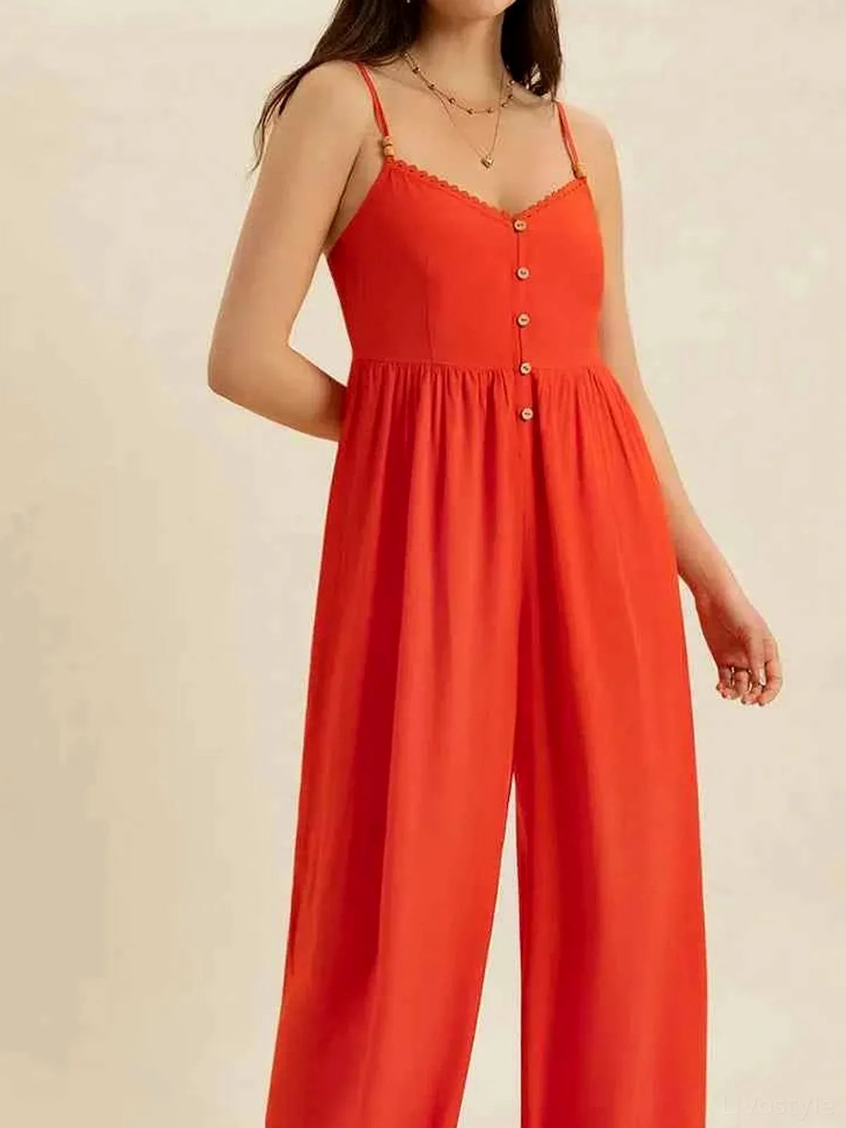 Button Front Lace Trim V-Neck Spaghetti Strap Jumpsuit