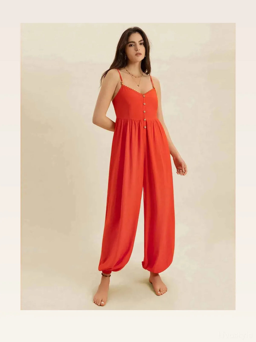 Button Front Lace Trim V-Neck Spaghetti Strap Jumpsuit