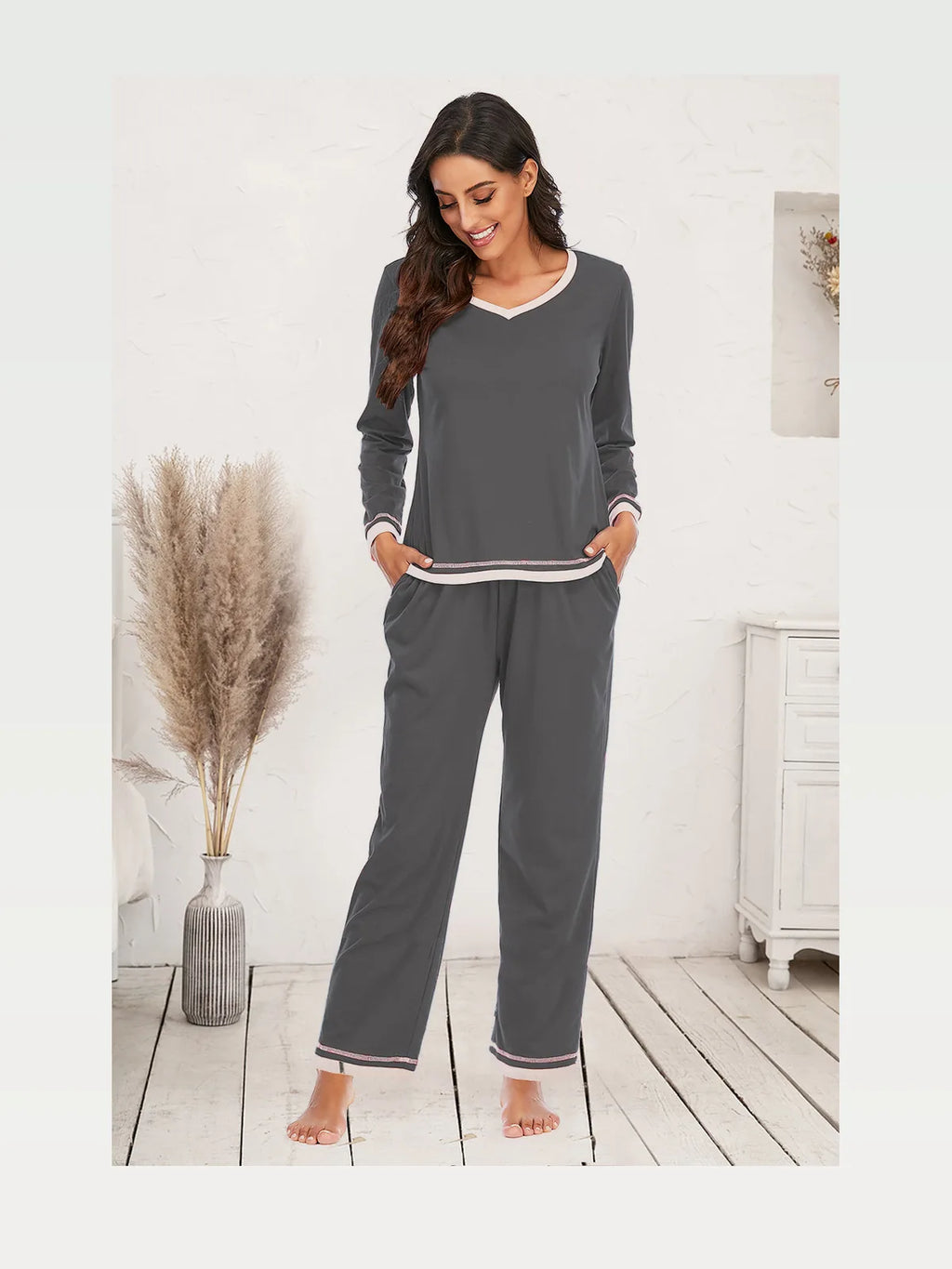 V-Neck Long Sleeve Top and Pants Lounge Set with Striped Trim