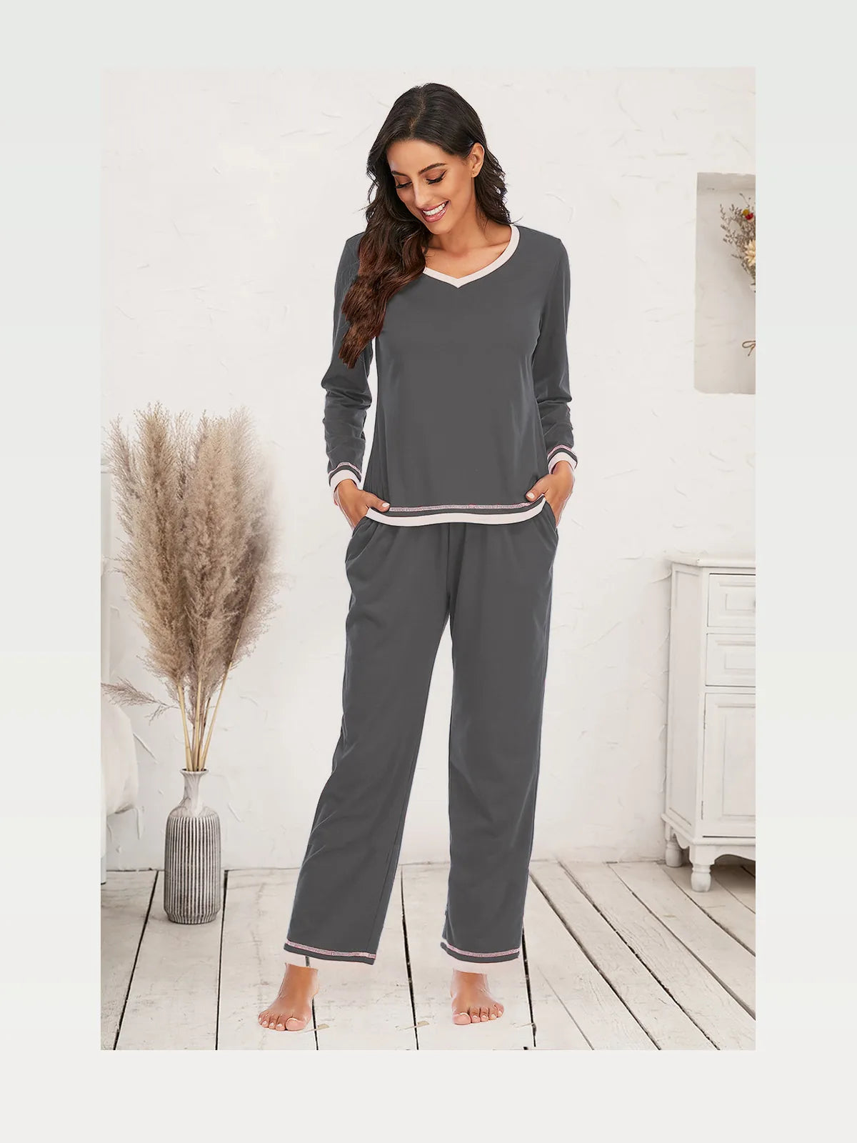 V-Neck Long Sleeve Top and Pants Lounge Set with Striped Trim