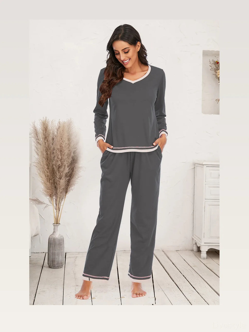 V-Neck Long Sleeve Top and Pants Lounge Set with Striped Trim