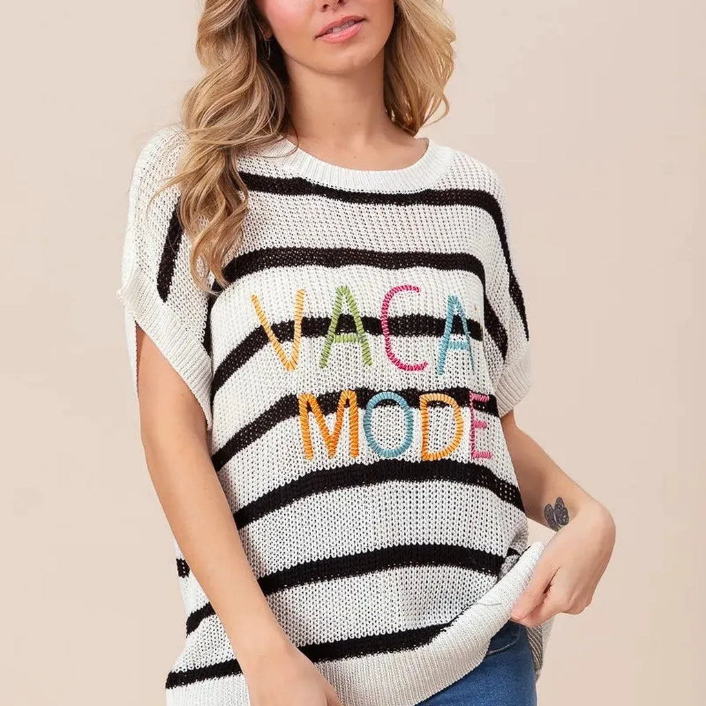 Vacation Mode Cotton Striped Drop Shoulder Sweater