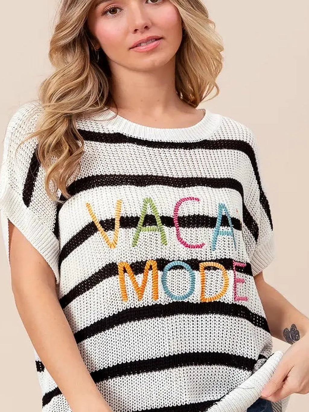 Vacation Mode Cotton Striped Drop Shoulder Sweater