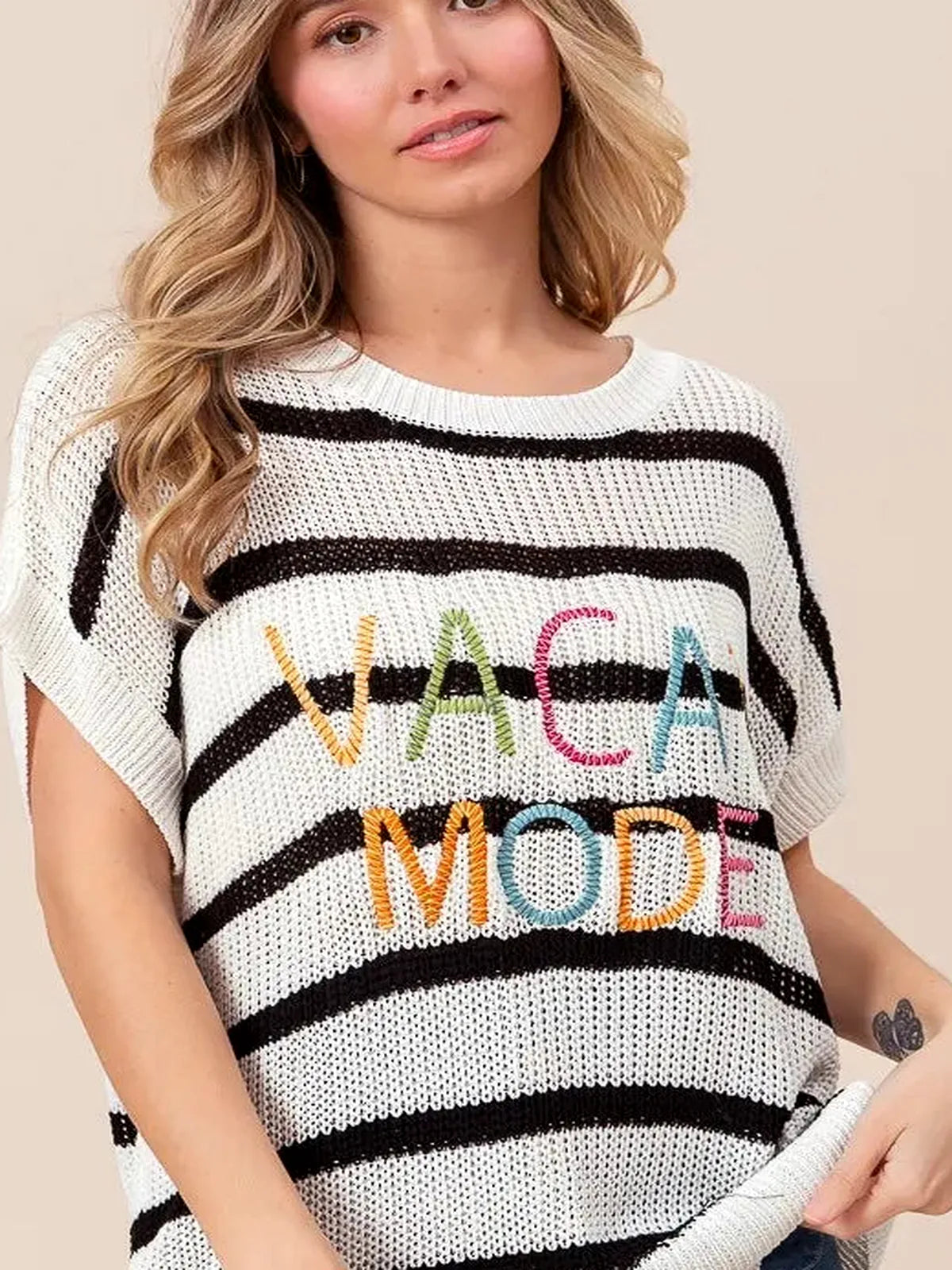 Vacation Mode Cotton Striped Drop Shoulder Sweater