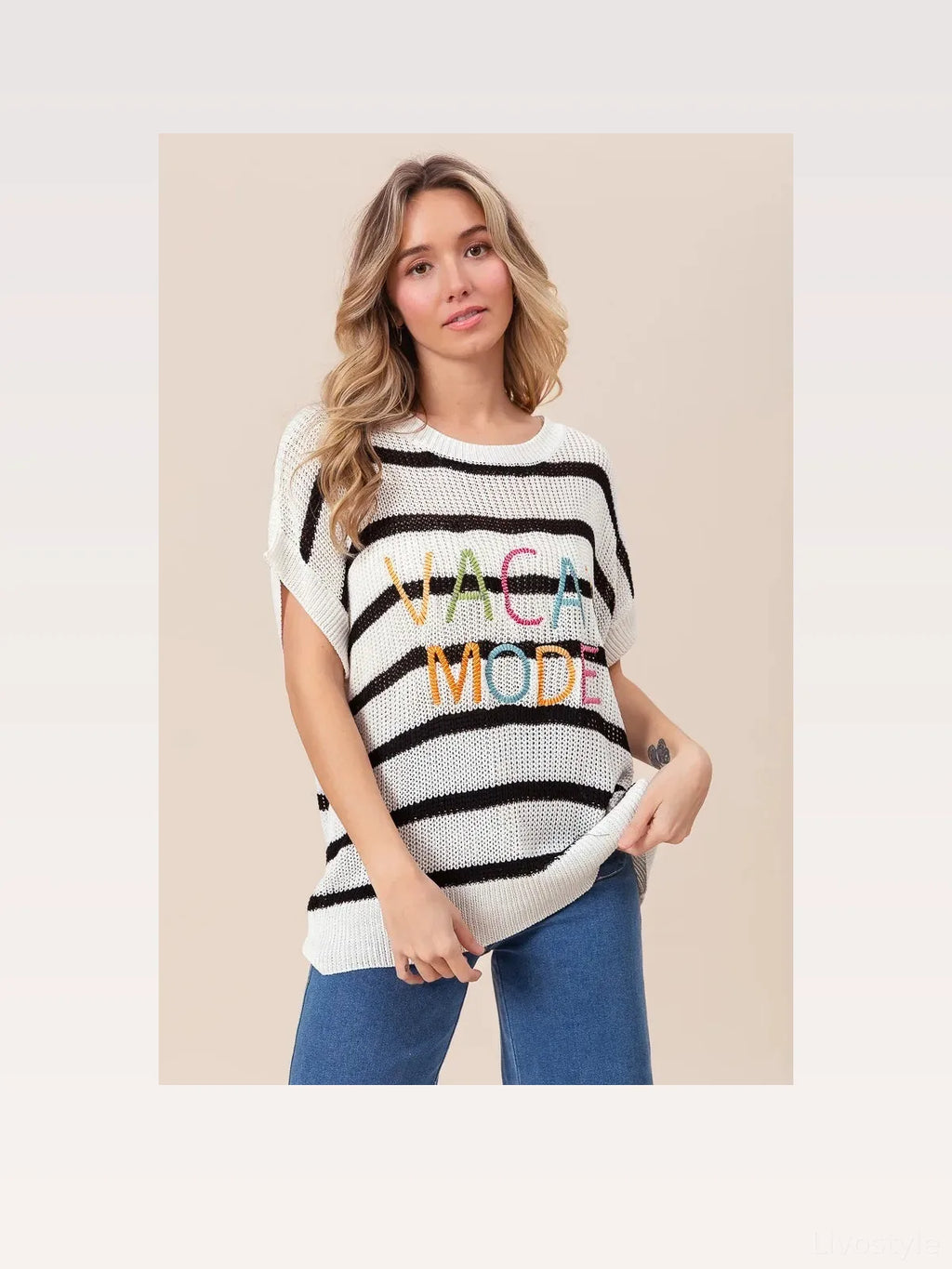 Vacation Mode Cotton Striped Drop Shoulder Sweater