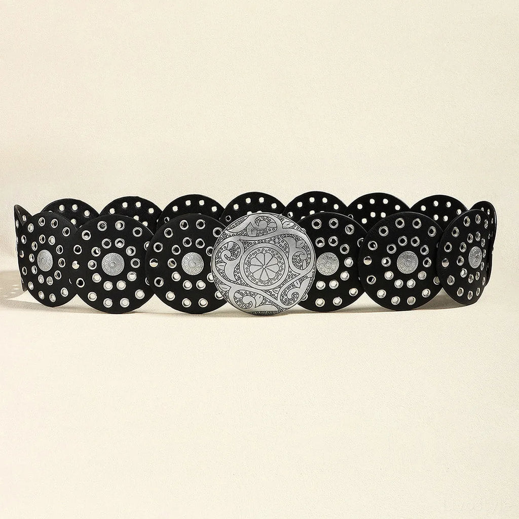 Vintage PU Leather Wide Belt with Round Metal Detail